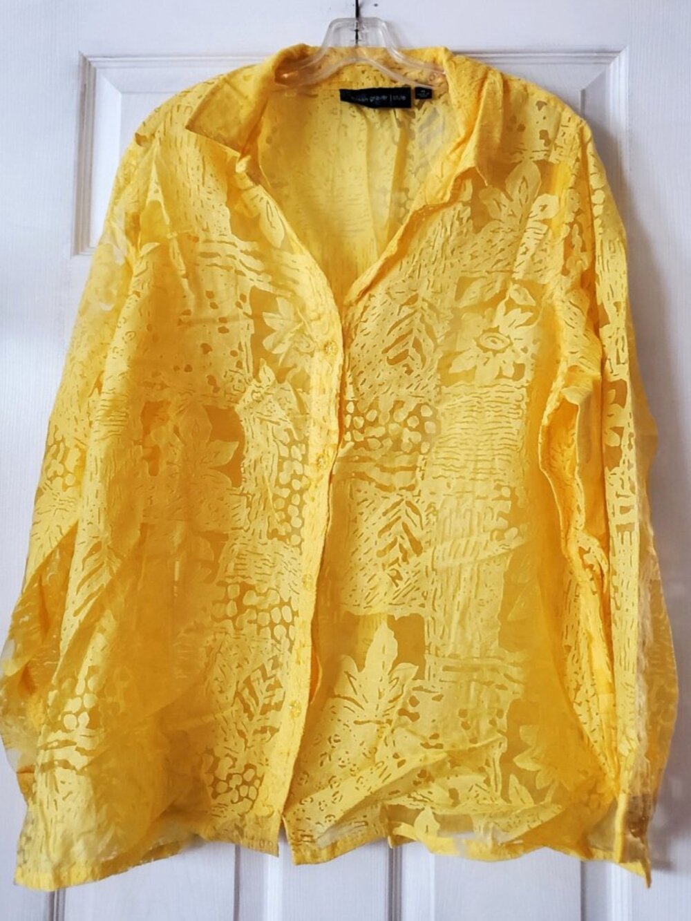VINTAGE SUSAN GRAVER STYLE SHEER LACE YELLOW FLORAL BUTTON UP BLOUSE XL NWOT